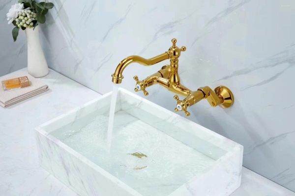 Torneiras de pia do banheiro Torneira de latão de luxo montada na parede de cobre com dois alças e misturador de bacia de água fria Lavabo Gold