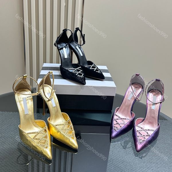 Mit Box Aquazzura Strass-Sandalen, spitze Zehen, Abendschuhe, ausgehöhlt, Knöchelriemen, Damen-Stiletto-Absatz, Luxus-Designer-Kristall-High-Heels, Dinner-Party-Schuh, 35–42