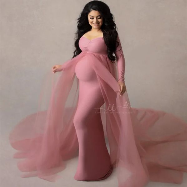 Langes, transparentes Babyparty-Kleid mit schrägem Kragen für schwangere Frauen, Fotografie-Requisiten, transparentes langes Kleid für schwangere Frauen 240111