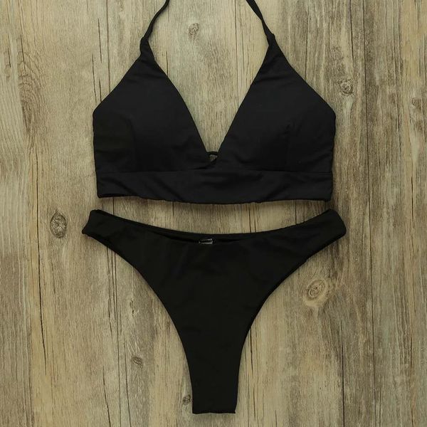 Conjunto trikini sexy barato tanga biquinis 2023 feminino triângulo acolchoado maiô sólido brasileiro banho feminino beachwear