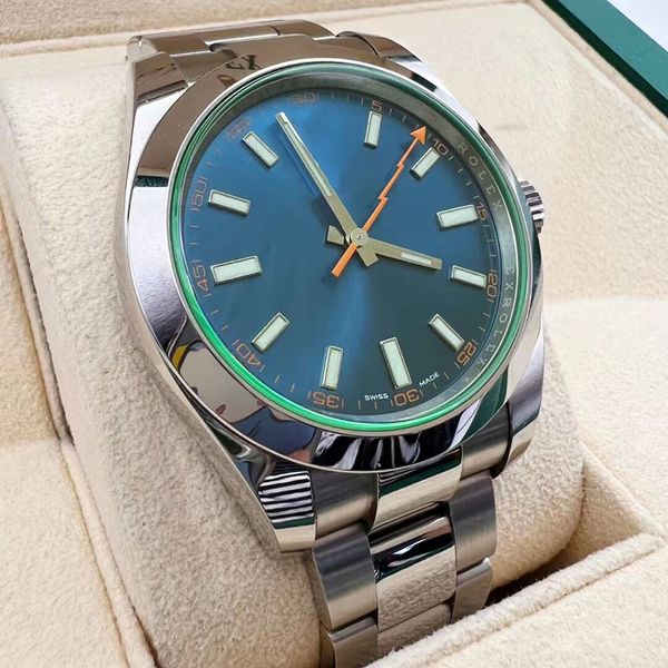 Relógio masculino casual elegante de 40 mm com movimento mecânico 116400 relógio com mostrador preto 904L aço inoxidável com três grades de elo de corrente clássico relâmpago de segunda mão