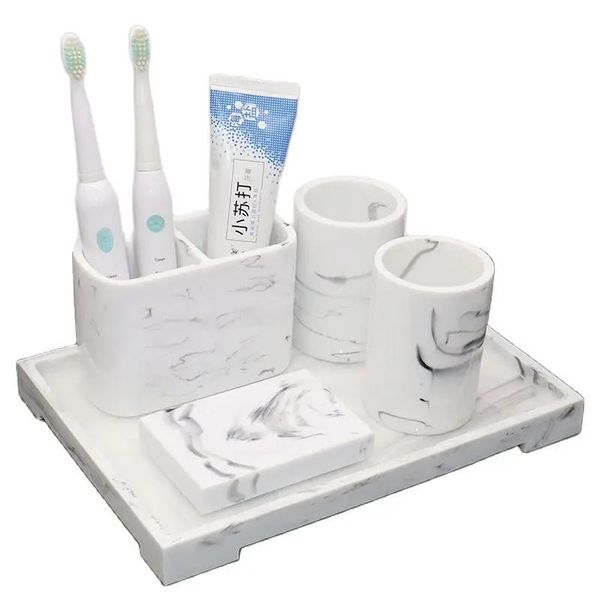 Spazzolino da denti Finto marmo Resina Accessori da bagno Set Scatola di tampone di cotone Vassoio portaoggetti Scatola di stuzzicadenti Scatola di carta di pompaggio Spazzolino da denti