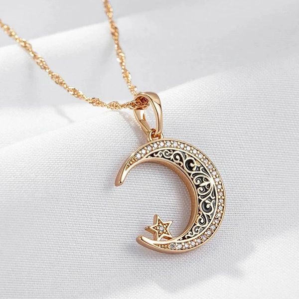 Colares Pingente Wbmqda 585 Rosa Cor de Ouro Único Esmalte Preto Lua e Estrela Colar Para Mulheres Com Brilhante CZ Pedra Trendy Neck Chain