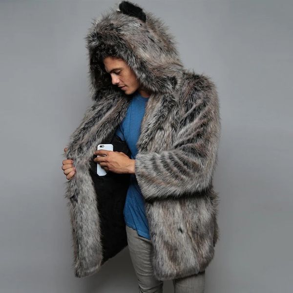 Wepbel plush hoodie fofo lã jaqueta de pele do falso casaco trench men inverno lazer casaco quente longo tipo casacos de pele 240110