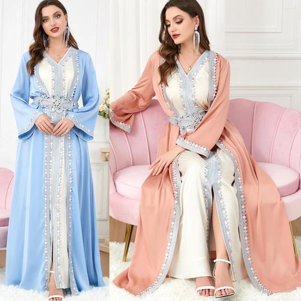 Abbigliamento etnico Preghiere da donna Abito musulmano con scollo a V a maniche lunghe Abito in due pezzi Dubai Abaya Abito da festa in chiffon con ricamo arabo