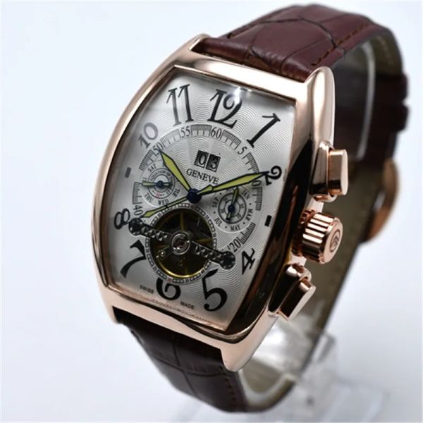 AAA Genebra Luxury Brand Leather Mechanical Automatic Mens Watches Drop Tourbillon Skeleton Gold Men Watchwatch219D
