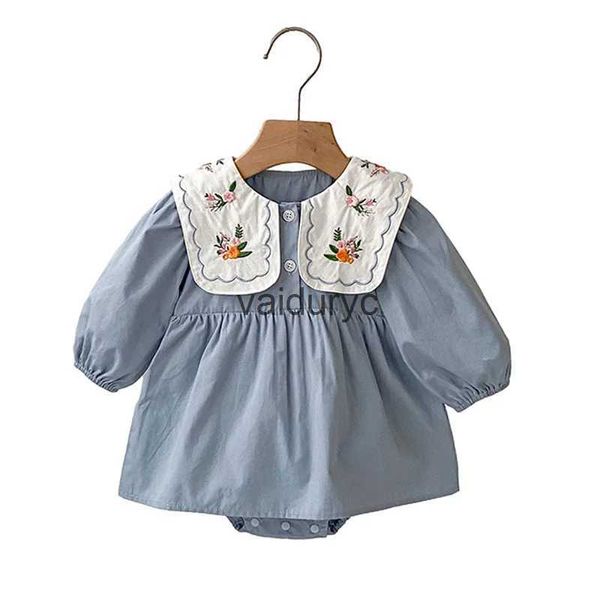 Macacões Outono Bebê Romper Bordado Flor Meninas Macacão Azul Doce Princesa Vestidos Recém-nascidos Roupas para Menina Primavera Traje 0-24 Mvaiduryc