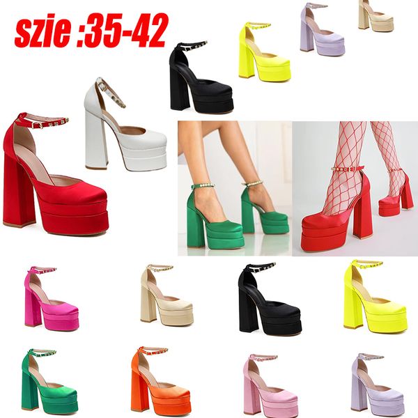 Kristal süslenmiş ayakkabılar saten çift platform pompalar tıknaz yüksek topuklu sandallar kadın lüks tasarımcılar giydirme ayakkabı akşam fabrika ayakkabı boyutu 35-42