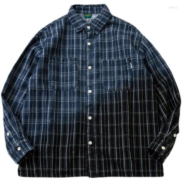 Camisas casuais masculinas outono 2024 algodão japonês lavagem gradiente azul preto xadrez solto mangas compridas camisa high street