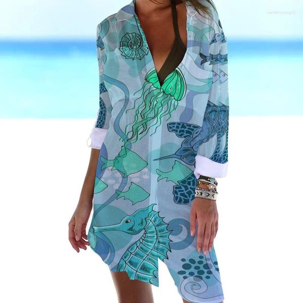 Camicette da donna Camicetta da donna moda estiva Protezione solare Blusa sexy Manica lunga Camicia da ufficio con bottoni Beach Casual Bohemian