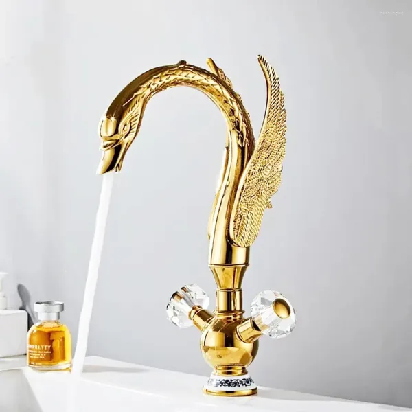Torneiras de pia do banheiro modelo de luxo forma de cisne ouro e prata cor deck montado material de latão de torneira artística