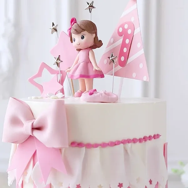Décoration de gâteau pour filles, fournitures de fête, petite princesse, anniversaire pour bébé, journée des enfants, poupée étoile, cadeaux avec nœud rose