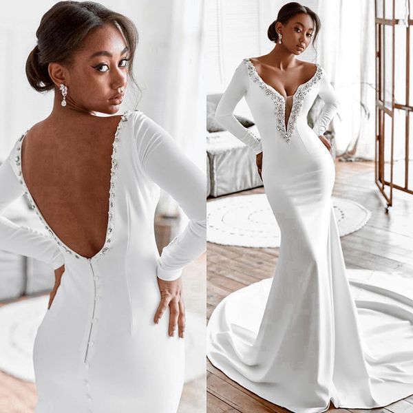 Abito da sposa a sirena per la sposa Illusion scollo a V backless sexy maniche lunghe abiti da sposa in raso elastico per matrimonio africano donne nere Nigeria ragazza CDW174