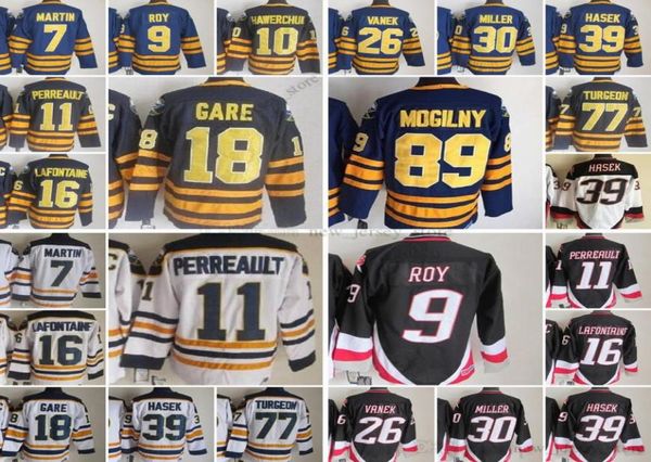 Movie College Vintage Ice Hockey Wears Jerseys Stitched 39DominicHasek 9DerekRoy 10Hawerchuk 11GilbertPerreault 16PatLaFontaine 188334551