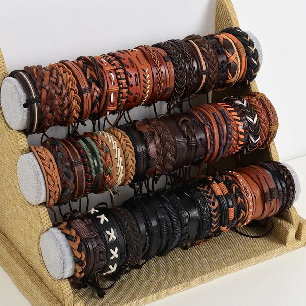 Оптовая продажа, 36 шт., кожаные браслеты-манжеты для мужских ювелирных изделий, подарки для вечеринок, разные стили, регулируемый размер 240110