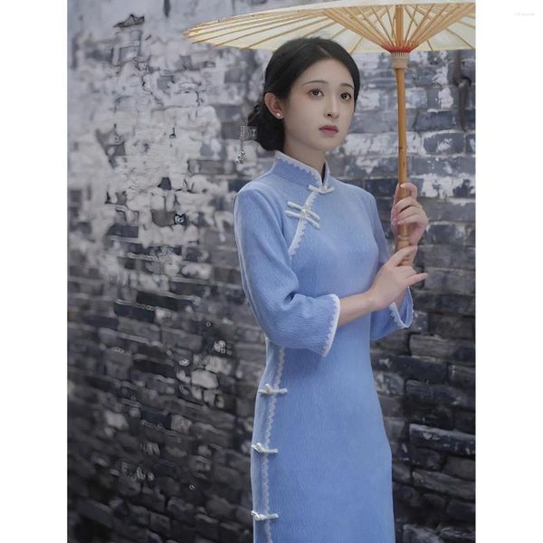 Etnik Giyim Mavi Qipao Sonbahar/Kış Cheongsam Zarif Kız Tarzı Uzun Kollu Basit İnce Retro Çin Elbise
