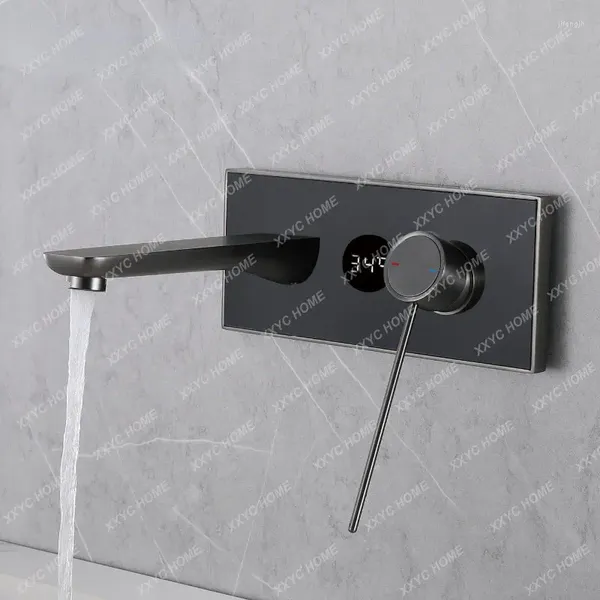 Rubinetti per lavandino del bagno Rubinetto Display digitale Pannello in vetro Design a parete Maniglia singola e lavabo a doppio controllo freddo