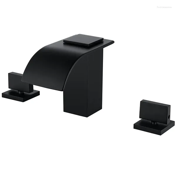 Rubinetti per lavandino del bagno Nave libera Moderno 3 fori Maniglie quadrate diffuse Colore nero Rubinetto per lavabo a cascata Rubinetto miscelatore montato su piattaforma