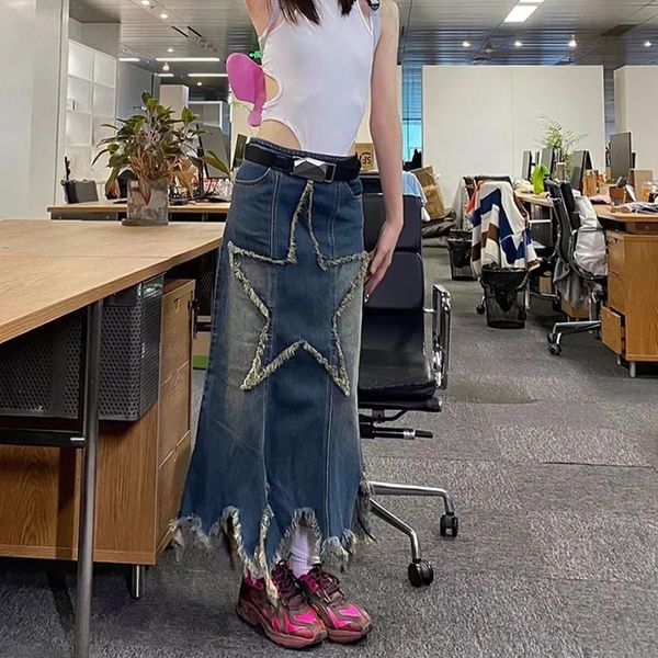 Y2k mulheres moda coreana kawaii harajuku estrela na altura do joelho midi saia longa gótico grunge jeans denim maxi saias emo roupas 240110