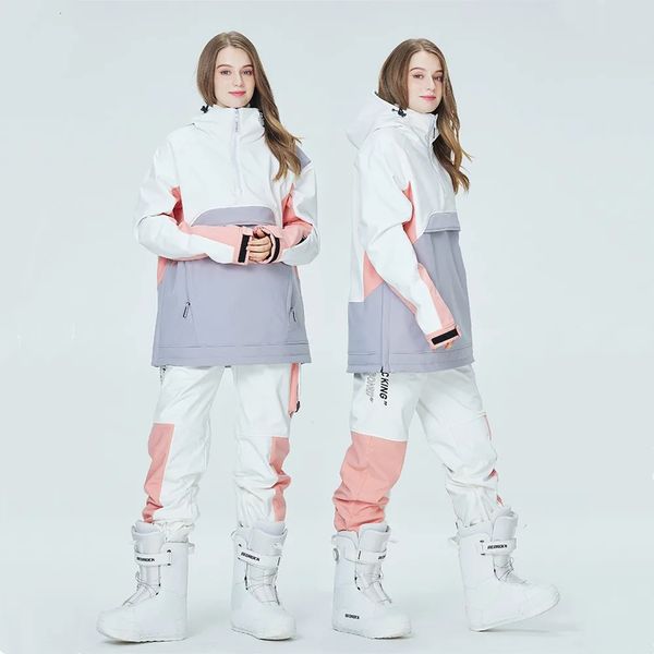 Moda snowboard terno das mulheres dos homens de esqui conjunto com capuz inverno à prova de vento à prova dwindproof água quente jaqueta calças terno de esqui macacão de neve 240111