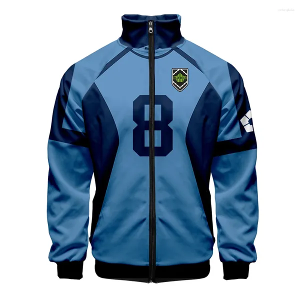 Hoodies masculinos 2024 anime azul bloqueio zíper gola jaqueta de beisebol cosplay traje uniforme masculino impressão 3d isagi casaco kpop roupas
