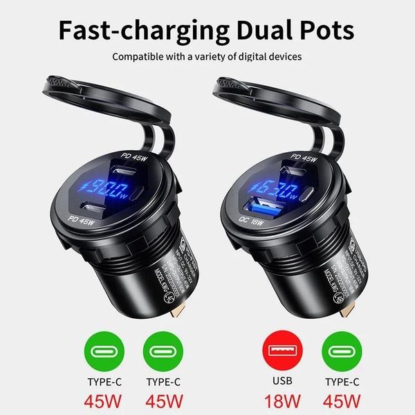 Carregadores 90W Dual USB Carregador Soquete Adaptador de Tomada 12V 24V À Prova D 'Água Portas Duplas USB Carga Rápida para Carro Barco SUV Sedan RV