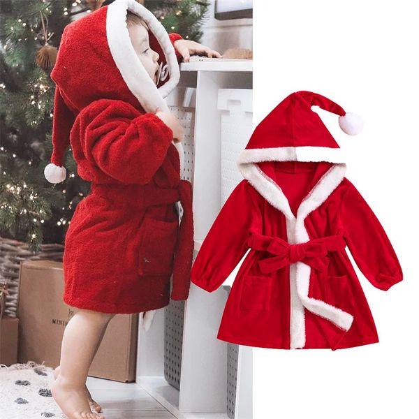 Neonate Veste Bambino Bambino Natale Manica lunga Furry Contrasto Colore Accappatoio in velluto con cappuccio Ragazza Abbigliamento per bambini 240111