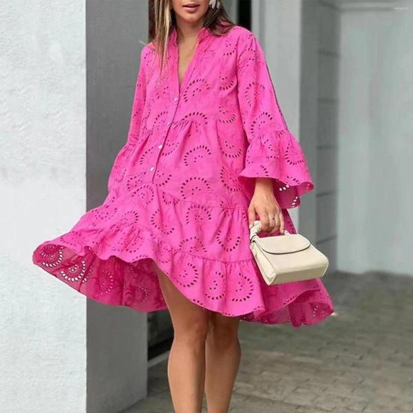 Lässige Kleider Sexy Kleid Frühling und Sommer Einfarbig V-Ausschnitt Lose bestickte hohle Spitze Blumen Sommerkleid Boho Y2k Tuch Plus