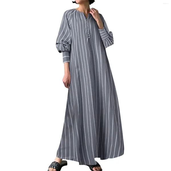 Этническая одежда Женское мусульманское исламское молитвенное платье Полная длина Макси Хлопковые платья Фонарь с длинными рукавами Полосатый принт с v-образным вырезом Свободная юбка