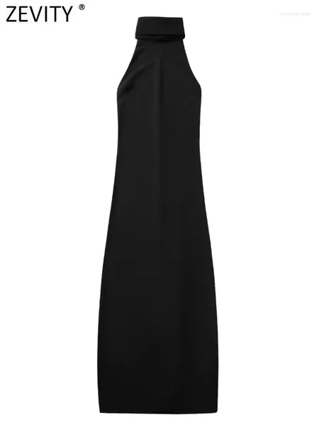 Vestidos casuais Zevity 2024 mulheres moda gola alta sem mangas preto magro halter midi vestido feminino chique backless zíper festa vestidos