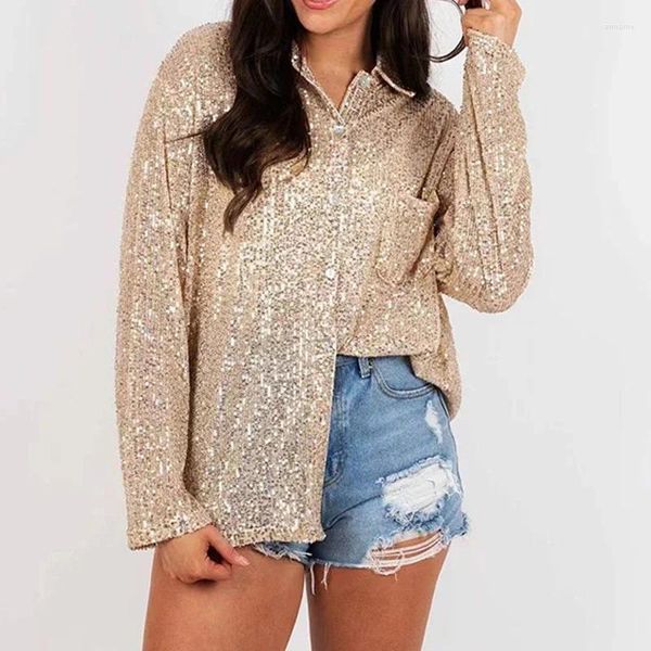 Camicette da donna Lady High Street Manica lunga Camicetta ampia Donna Glitter Tasca Top Abbigliamento Moda primaverile Paillettes Colletto rovesciato Casual