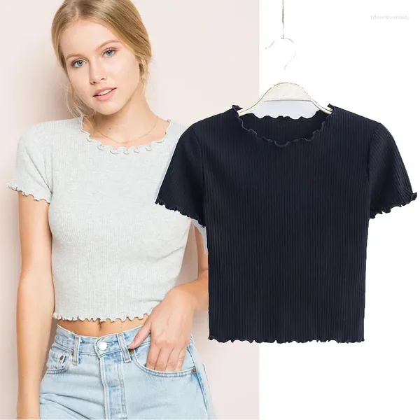 Damen T-Shirts Vintage Holzohren O Hals Kurzarm T-Shirt 2024 Frau Slim Fit Shirt Enges T-Shirt Sommer Retro Tops 6 Farben