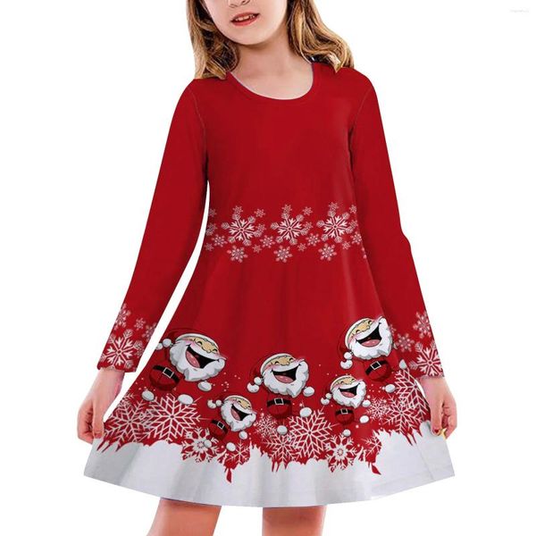 Mädchenkleider für Kinder, Kleinkinder, Mädchen, Weihnachten, Cartoon-Santa-Druck, langärmelig, Partykleid, Kleidung für 4 bis 13 Jahre