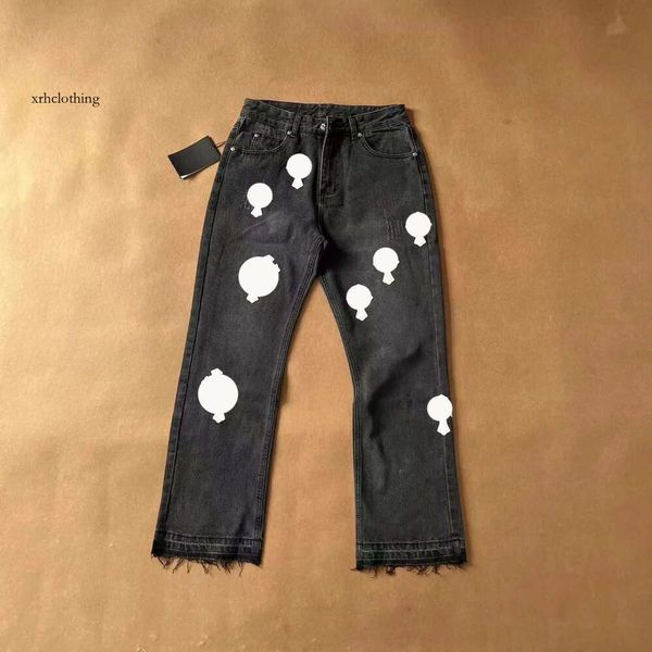 jeans firmati da uomo da donna Pantaloni dritti cromati lavati vecchi Stampe con lettere a cuore per donna Jeans lunghi stile casual cromati 4DUY