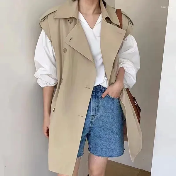 Coletes femininas Coreano Chic Mulheres Colete Outono Inglaterra Estilo Lapela Dupla Breasted Cor Sólida Solta Midi Trench Elegante Senhoras Colete Casaco