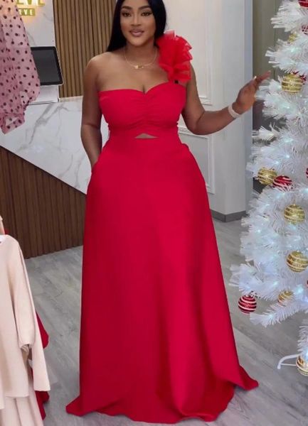 Casual Kleider Sexy Schlanke Taille Hohl Eingewickelt Frauen Kleidung Große Saum Spitze Eine Schulter Rotes Kleid Damen Hochzeit Party formelle Kleidung