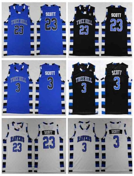 Mens One Tree Hill RAVENS 23 Nathan Scott 3 Lucas Scott Maglie da basket Camicie cucite film Nero Bianco Blu SXXL6615866