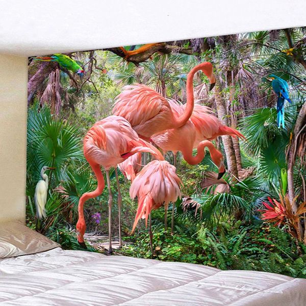 Arazzo di fenicotteri rosa Giungla tropicale Animali Appesi a parete Arazzi di stoffa Foglie di palma verdi Coperta vegetale per la decorazione domestica 240111
