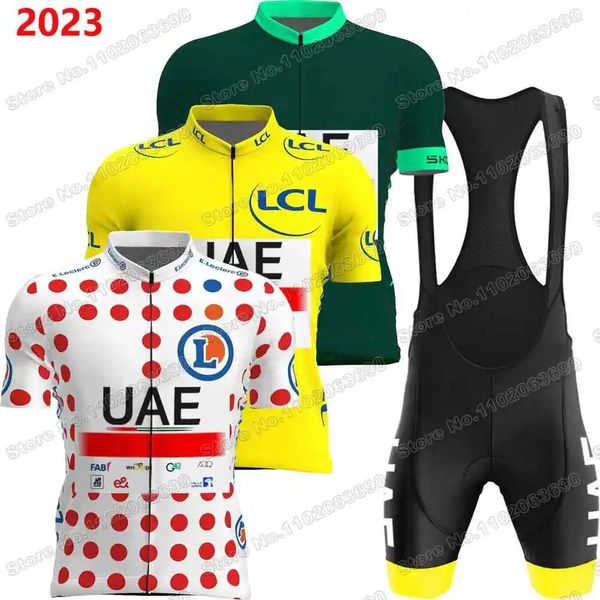 Комплекты 2023 UAE Team Tdf Велосипедный трикотажный комплект Желто-зеленый горошек Одежда для велоспорта Гоночная шоссейная велосипедная рубашка Костюм Mtb Велосипедные топы