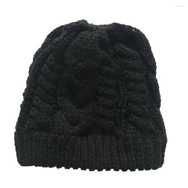 Baskenmütze, schwarze Damen-Strickmütze, Herbst, warme Wolle, Messy Bun Beanie für Outdoor-Laufen – Einheitsgröße