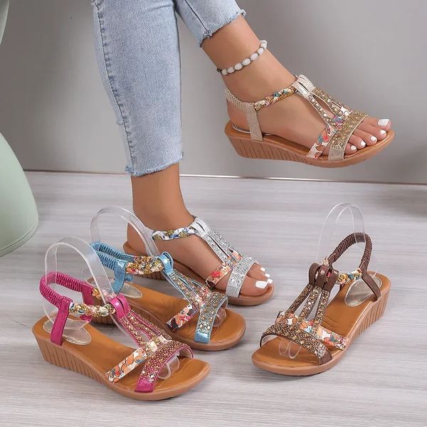 Wedge Summer Mulheres Bohemia Rhinestones Plataforma Casual Sandals feminino Peep Toe A Outdoor Beach Shoes D E