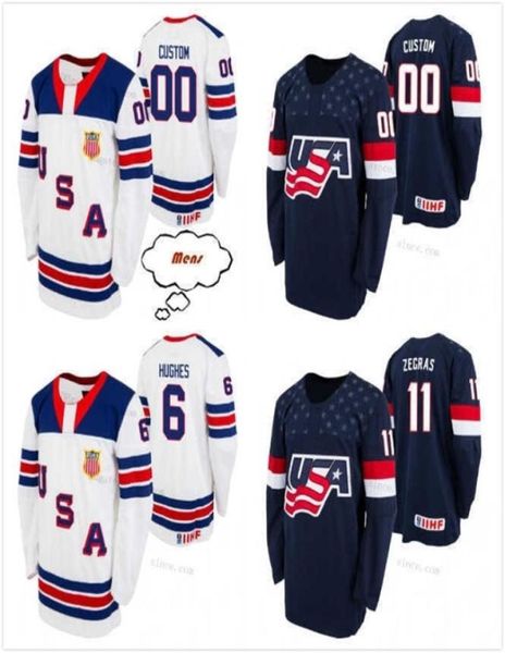 Thr Personalizza Uomo Donna Bambini 6 Jack Hughes S6XL Trevor Zegras Jersey USA U18 Team 2021 Biosteel All American Game Home Bianco Nav8130514