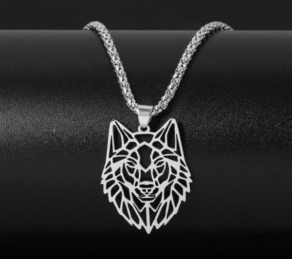 Colar de pingente de cabeça de lobo oco para homens cor prata aço inoxidável punk floresta animais lobo colares de corrente longa jóias294y7912681