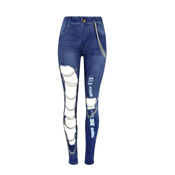 Jeans Damenhose Skinny Destroyed Ripped Hole Denim Hose Lange Stretch Bleistift Jeans Trendy Chain Criss Cross Hose Pantalon