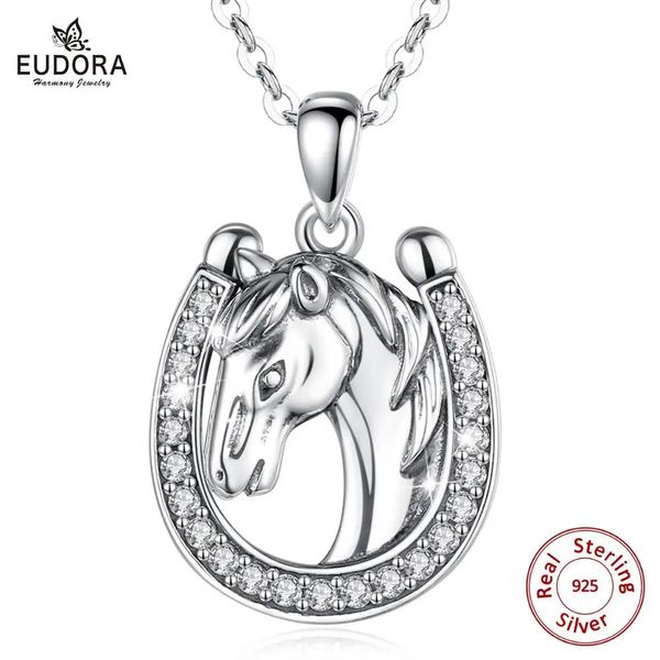 Подвески Eudora из стерлингового серебра 925 пробы, подвеска в виде подковы единорога, винтажное ожерелье с лошадью и чистым цирконием, конные украшения, серия животных, D565