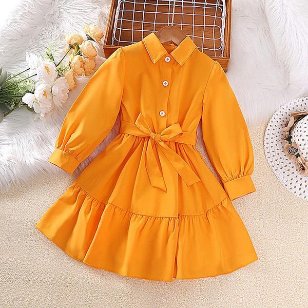 Vestidos da menina crianças vestido casual para meninas roupas 2024 primavera outono criança manga longa amarelo princesa camisa moda crianças 2-8y