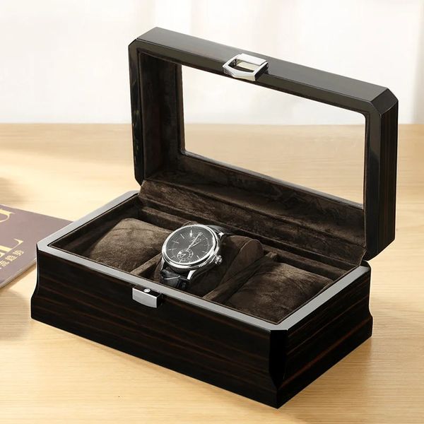 Scatola per orologi rettangolare in legno per orologi a 3 bit, scatola per espositori per orologi, confezione in vetro, cofanetto in legno di lusso per orologi 240110