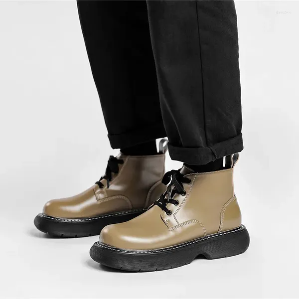 Botas masculinas moda outono inverno rendas plataforma sapatos ao ar livre bota de couro genuíno estilo rua bonito chunky tornozelo botas