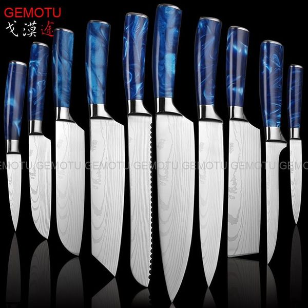 Nuovo 10 pezzi set 7CR17mov Coltelli da cucina giapponesi Laser EAMASCUS Modello Chef LNIFE Sharp Santoku Mannaia Coltelli per affettare T247R