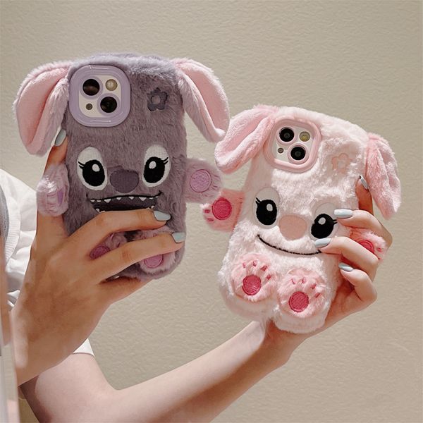 3D Cartoon Winter Warm Plush Case For iPhone 11 12 13 14 15 Pro Max Plus Dog Cat Bunny Furry fluffy Fur Soft TPU Cover Cases
